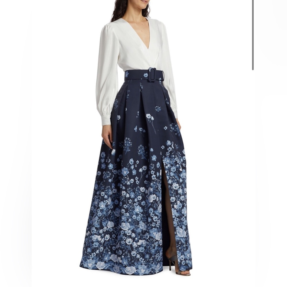 Sachin + Babi Navy and White Floral Long Dress with Belted Waist - Picture 3 of 13